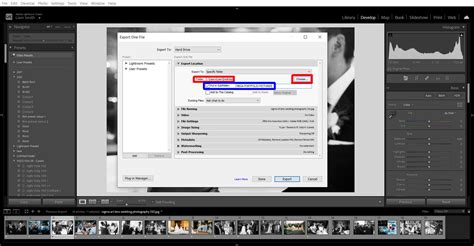 Lightroom export dialog box showing watermark and post-export action options