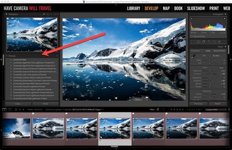 Lightroom interface with a photo and preset panel visible