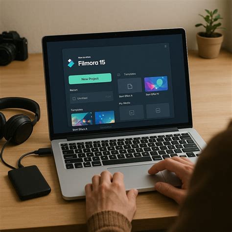 Creator working on a laptop with Filmora