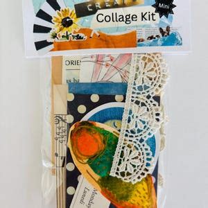 Collage art kit with various papers and tools