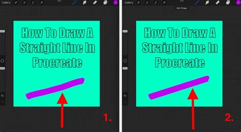 Illustration showing a rough line being drawn in Procreate and then snapping to a straight line with QuickShape