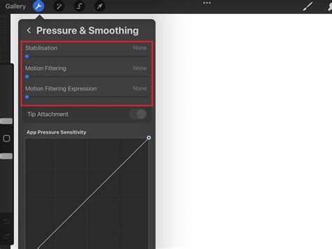 Procreate interface showing the Pressure and Smoothing settings with the Stabilization slider