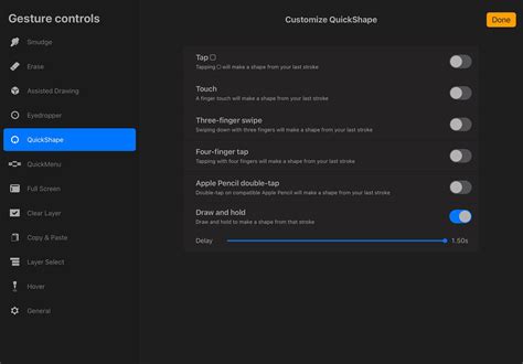 Procreate interface showing Gesture Controls with the QuickShape delay slider