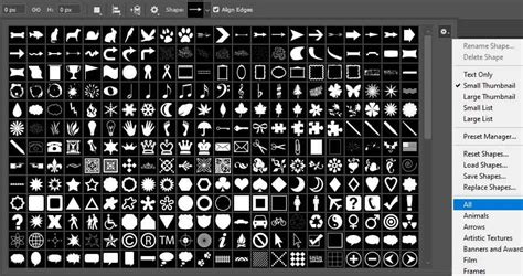 Photoshop Shapes panel showing various custom shape categories