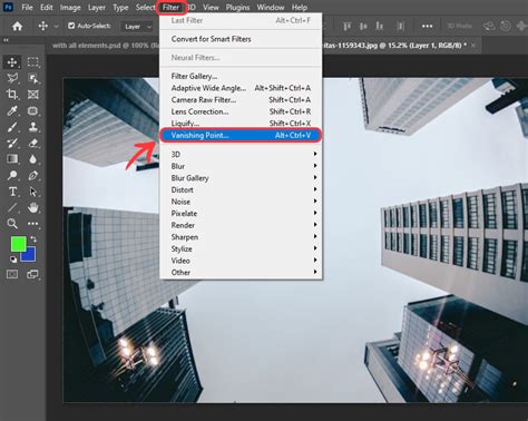 Photoshop interface showing the Vanishing Point filter dialog box