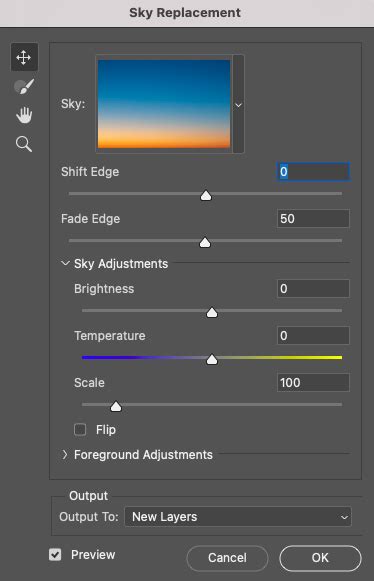 Photoshop interface with Sky Replacement panel open