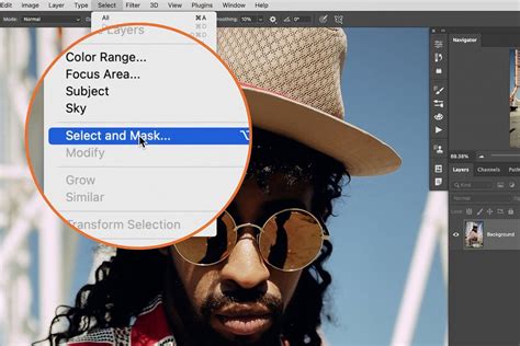 Photoshop Select and Mask workspace interface with hair refinement
