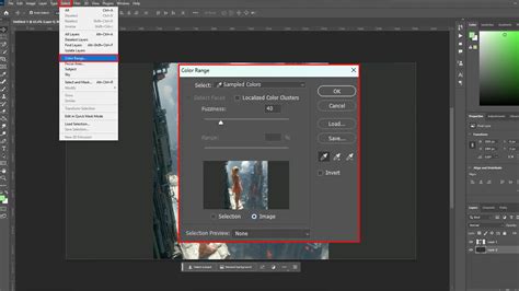 Photoshop interface showing the Color Range selection tool being used on a garment