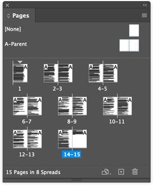 InDesign Pages Panel showing horizontal spreads
