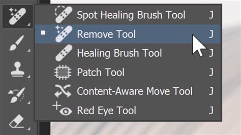 Photoshop interface with the Remove Tool highlighted