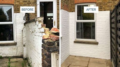Close-up of a wall with misaligned bricks, before and after Remove Tool repair