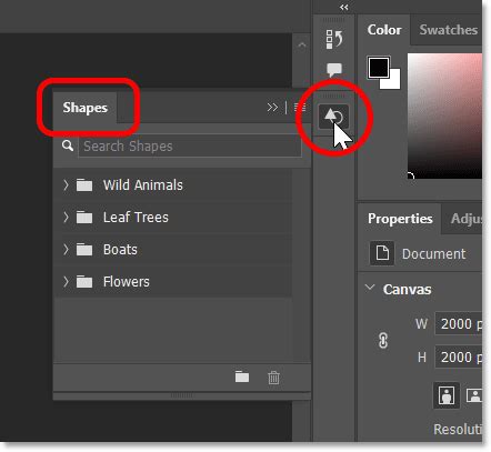 Shapes panel in Photoshop showing various shape categories and options