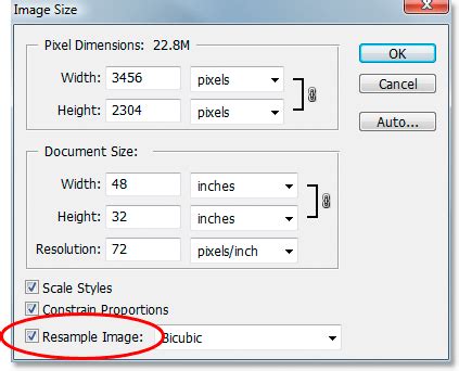 Photoshop Image Size dialog box with Resample checked and unchecked