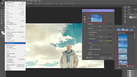 A screenshot of Photoshop's Sky Replacement interface showing the gallery of sky options