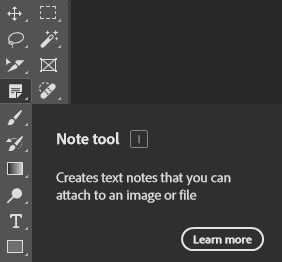 Screenshot showing the Note Tool icon and a sample note box in Photoshop