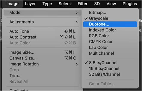 Screenshot of Photoshop Image Mode menu showing Grayscale and Duotone options