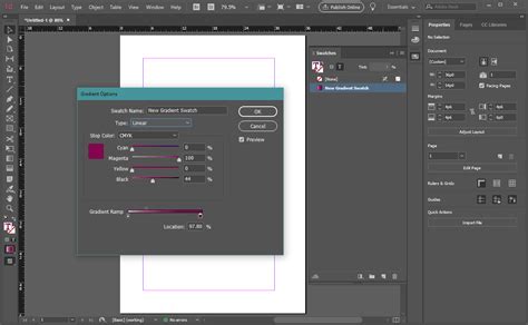 InDesign Swatches panel showing gradient creation with color stops and opacity sliders