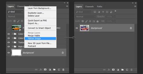 Comparison of file size before and after flattening layers in Photoshop