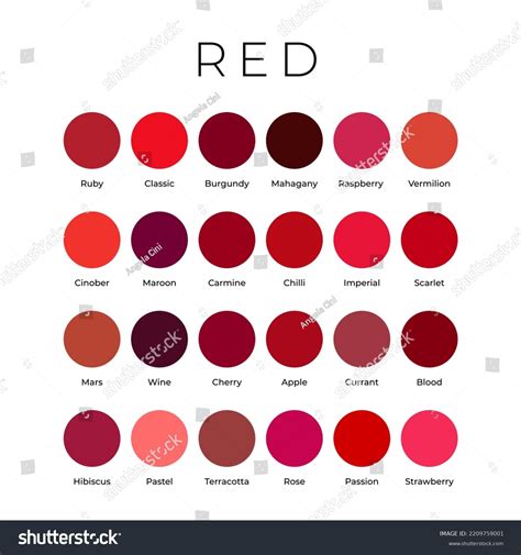Color chart showing various shades of red with their corresponding CMYK values.
