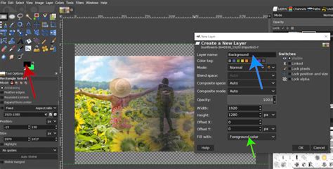 GIMP interface with toolbox and layers panel highlighted