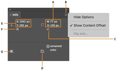 InDesign Info panel showing cursor coordinates and object dimensions