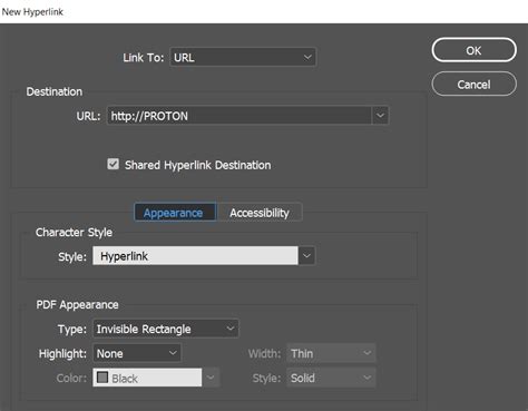 InDesign Hyperlinks panel showing different link states