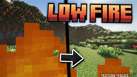 Comparison slider showing vanilla Minecraft fire overlay vs. Low On Fire texture pack overlay