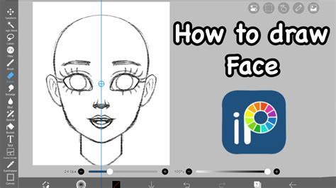 Illustration showing the steps of drawing a woman's face in Ibis Paint X, from sketch to refined details
