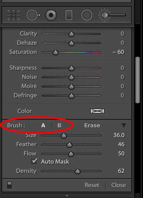 Lightroom Adjustment Brush settings panel showing Clarity and Sharpness at -50, and Saturation/Temperature adjustments.