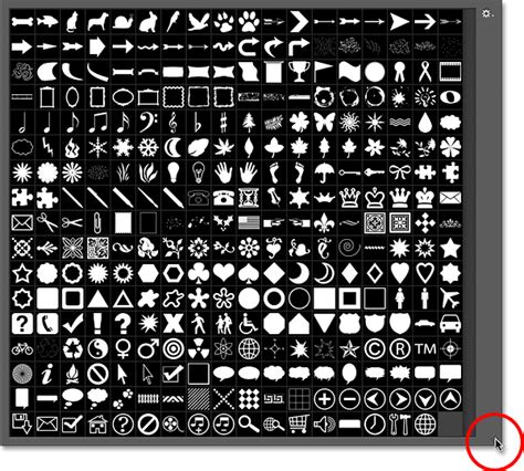 Photoshop Custom Shape Picker showing various shape categories