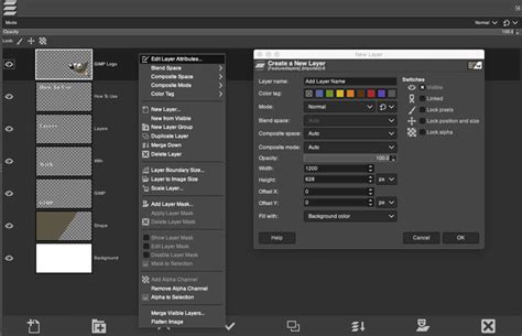 GIMP interface with layers and tools