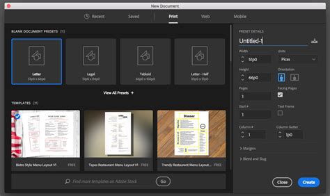 InDesign workspace with a new document setup dialog box