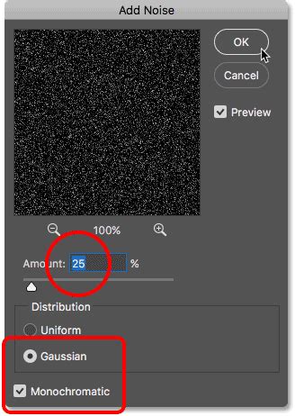 Photoshop Add Noise dialog box with Gaussian and Monochromatic options highlighted