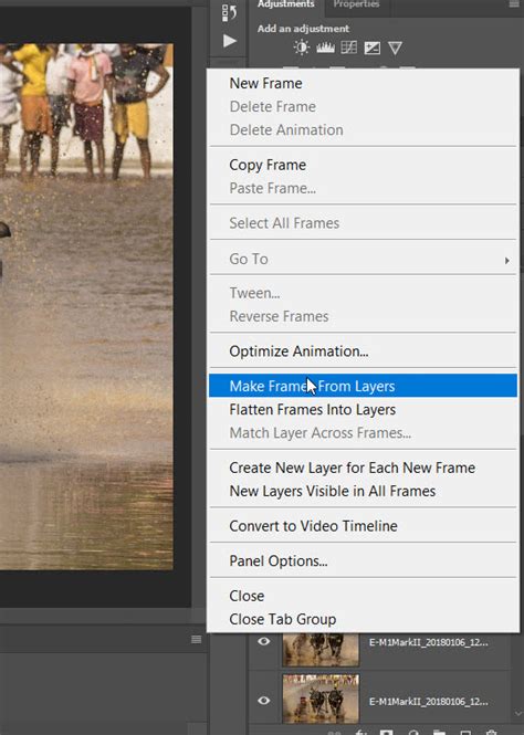 Screenshot of Photoshop's Timeline panel with 'Make Frames From Layers' option highlighted