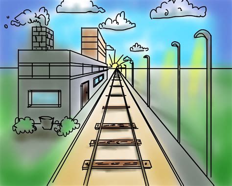 Illustration of one-point perspective with a single vanishing point