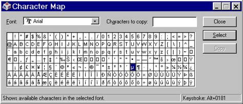 Windows Character Map showing Arial font with Greek letters