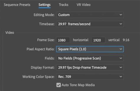 Screenshot of Adobe Premiere Pro's Sequence Settings window highlighting frame size options