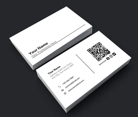 A modern business card design featuring a small, well-placed QR code