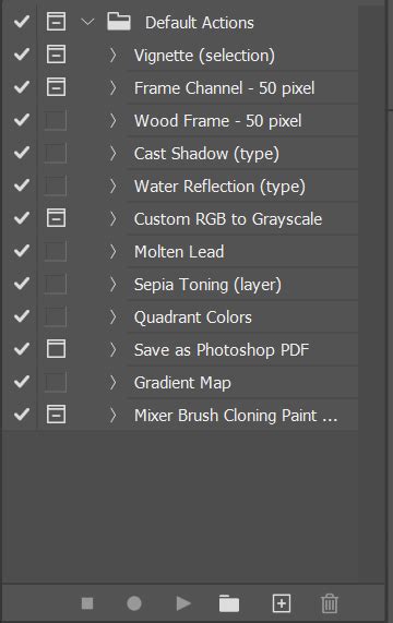 Photoshop Actions Panel showing different action sets and individual actions