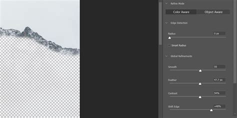 Photoshop Select and Mask workspace with Overlay view showing missed hair