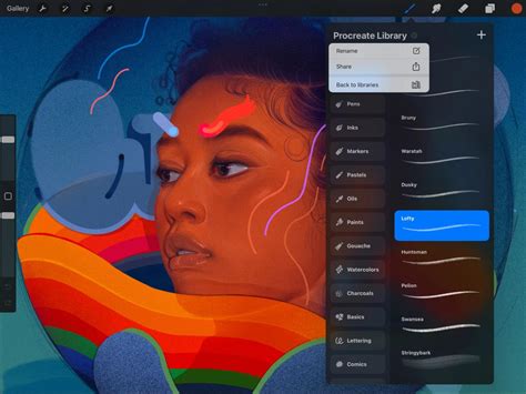 Illustration of Procreate app interface showing the brush library