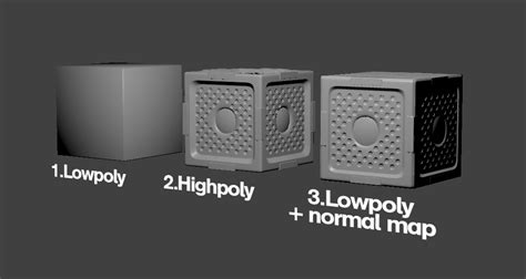 A comparison of a low-poly and high-poly model with a normal map