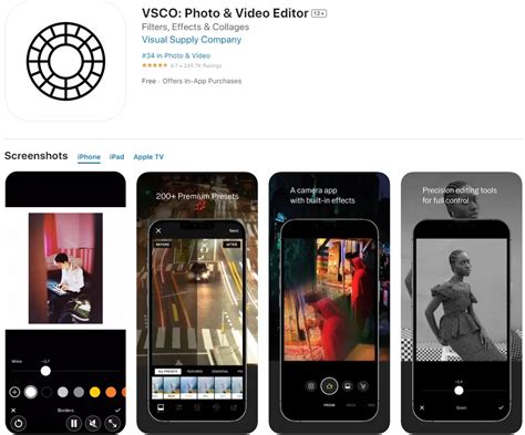 VSCO app screenshot showing preset categories and a selected preset