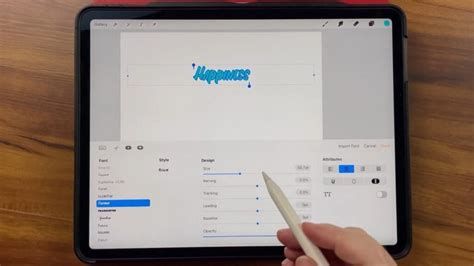 Procreate Edit Style panel showing font and spacing options