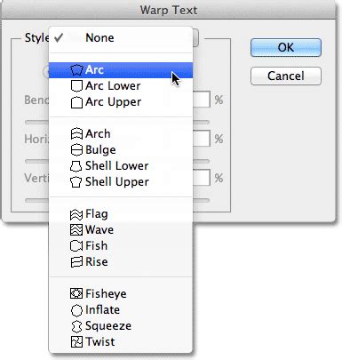 Photoshop Warp Text dialog box with various style options