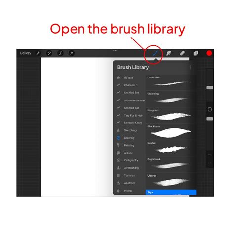A close-up of Procreate's brush library interface, showcasing various brush categories and individual brush icons.