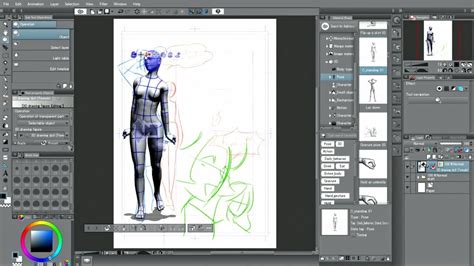 Screenshot of Clip Studio Paint showing 3D model posing and drawing