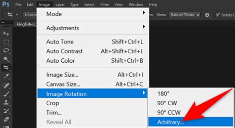 Photoshop menu showing Image Rotation options