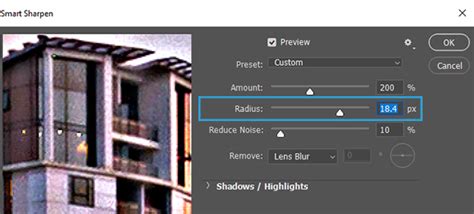 Photoshop screenshot showing the Radius and Smart Radius sliders