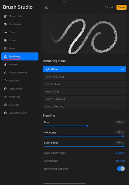 Infographic comparing different Procreate Pocket brush rendering modes.